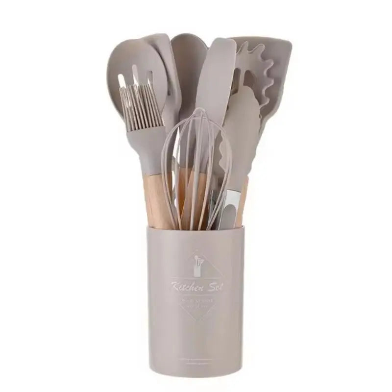 12pcs/set, Silicone Cooking Utensils Set With Wooden Handle, Colorful Non-stick Pot Special Cooking Tools Set, Heat Resistant