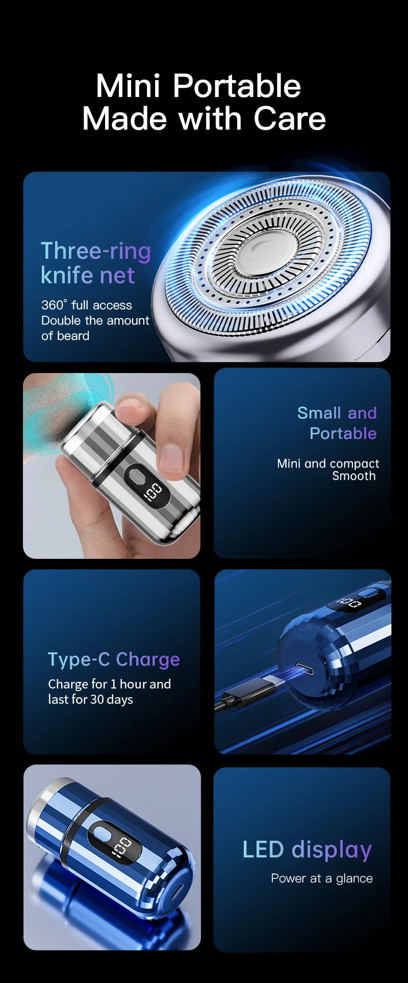 New T6 mini electric shaver 3D floating head shaver type-c fast charging men's rechargeable shaver