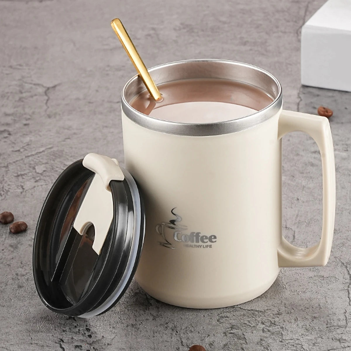 450ML Thermos Mug 304 Stainless Steel Double Wall Insulated Milk Coffee Cup With Handle & Lid Leak-proof Drinking Cup Drinkware