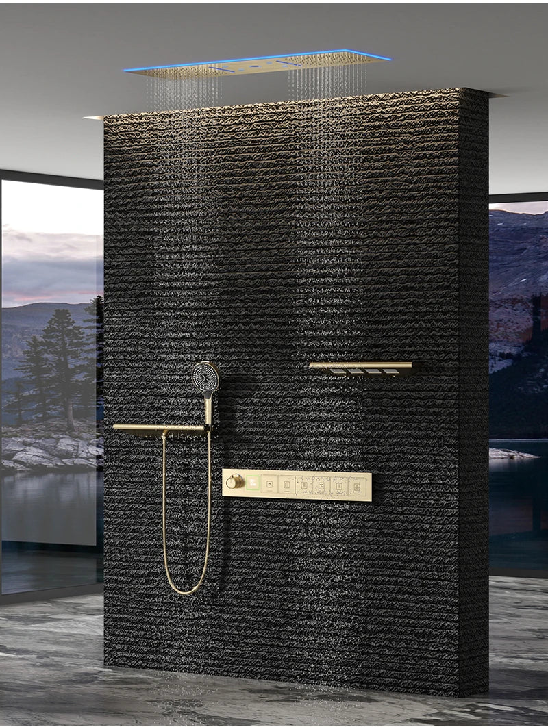 Luxury Ceiling Shower System Set Concealed Thermostatic Brass Digital Display Hydro Generator Rainfall  with Light and Bluetooth