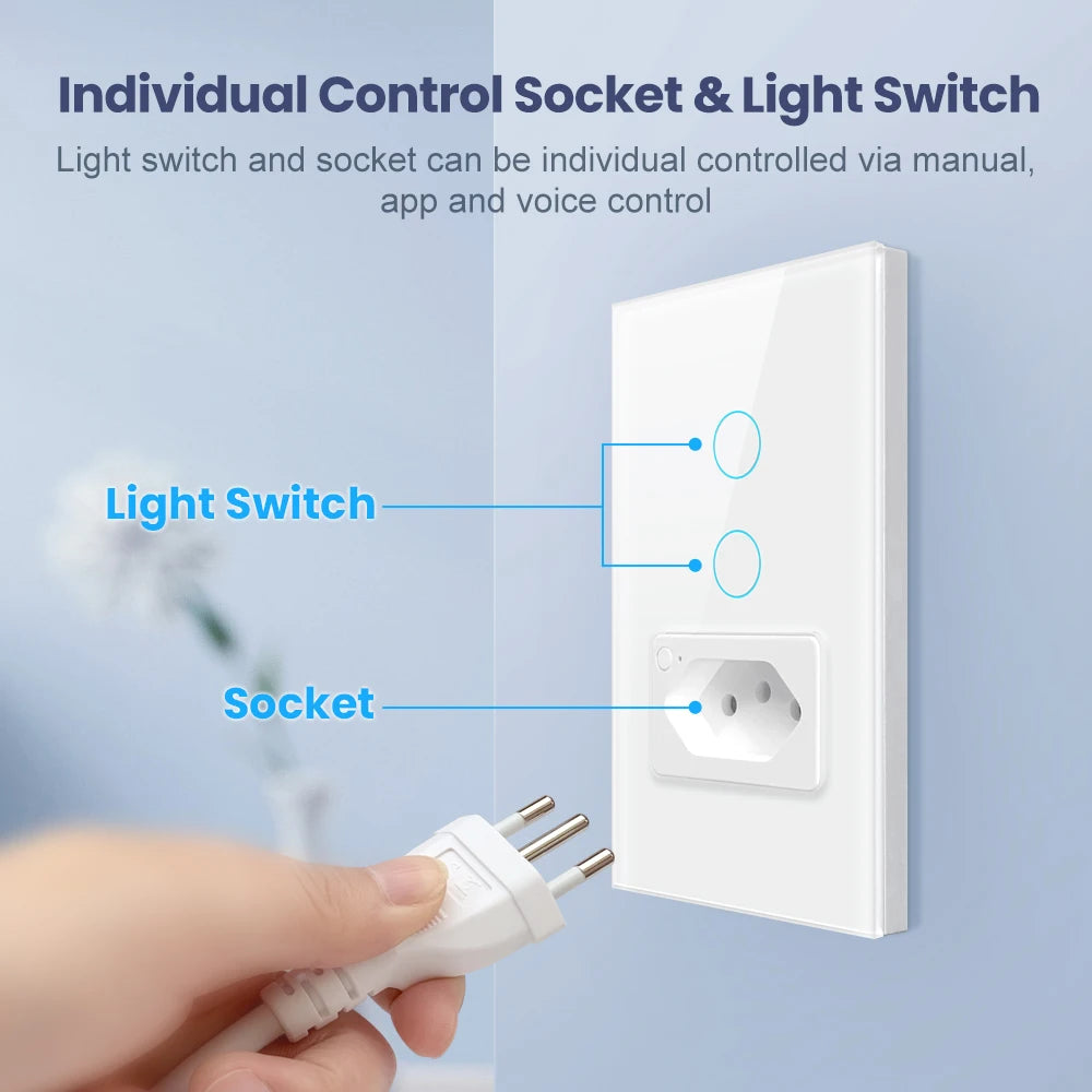 AVATTO WiFi Smart Wall Switch & Socket Brazil Standard 4X2 Glass Panel 1/2 Buttons Light Switch Tuya APP，For Alexa Google Home