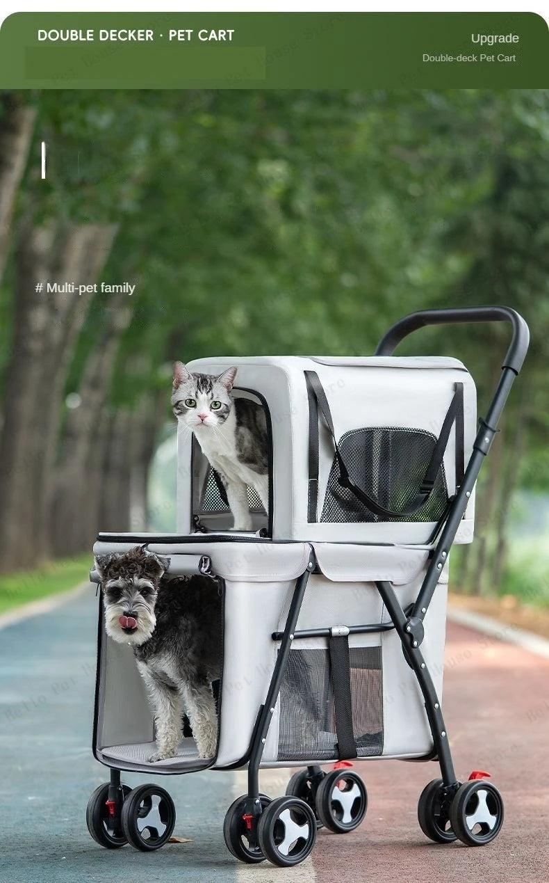 Multifunctional double-layer pet cart Lightweight and foldable pet outdoor travel stroller Ventilated and breathable dog cart