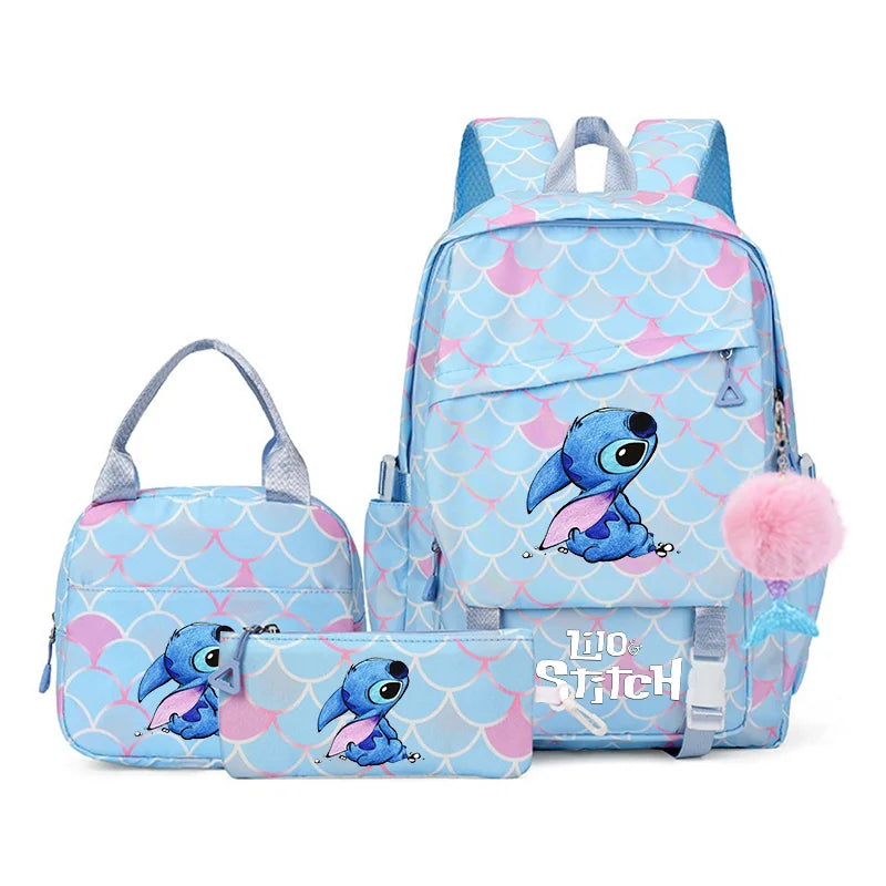 3Pcs Backpack Set Lilo Stitch Girl Kid Student Schoolbags Double Shoulder Bag Travel Pen Lunch Bag Kawaii Bookbag Laptop Bag Set