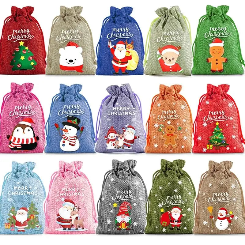 15pcs Set 13*18cm New Christmas Linen Drawstring Gift Bags, Jewelry Gift Bags, Party Drawstring Gift Pouches in Random Patterns
