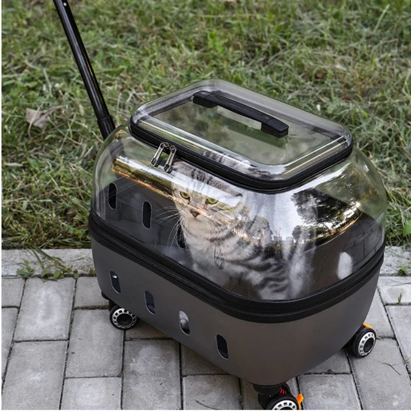 Fashion Transparent Cat Cage Large Capacity Pet Suitcase Breathable Cat Carriers Pull Rod/Handheld Dual Use Cat Transport Cart