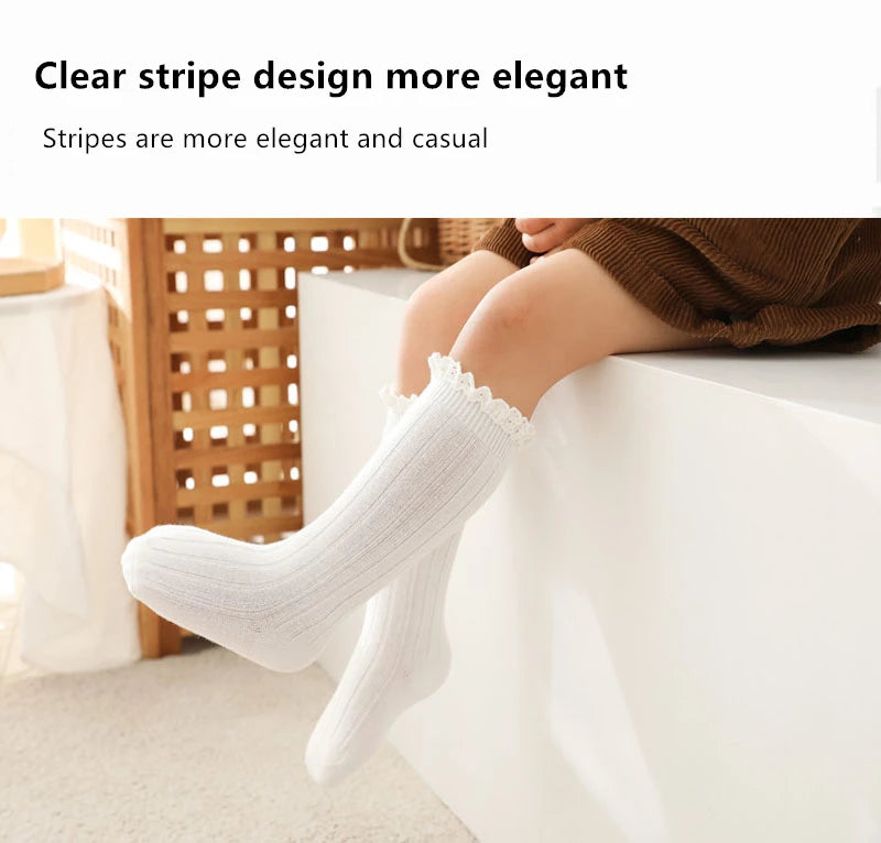 Girls Knee High Socks Baby Kids Toddlers Ruffle Long Soft Cotton Sock Lace Flower Children School Socks