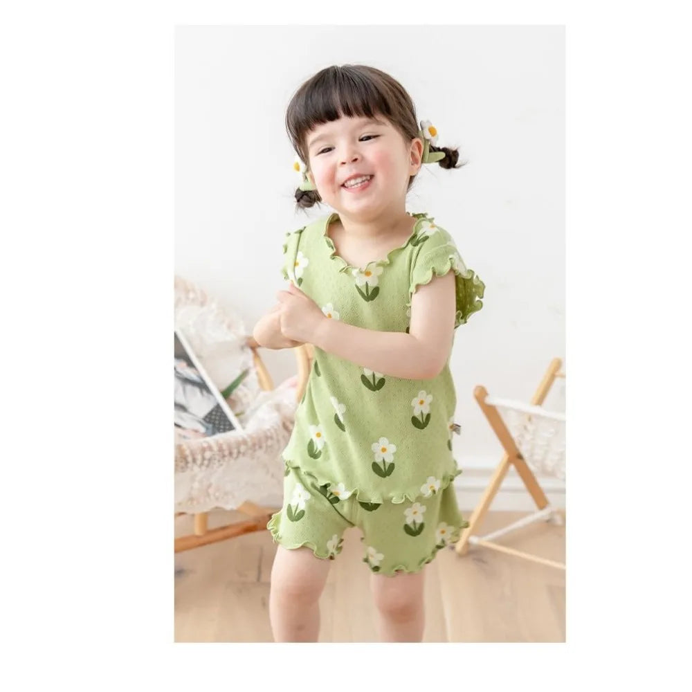 Bear Leader Summer New Pajama Baby Girl Clothes 3-7 Years Old Flower Printed Short Sleeved Top + Shorts Cute Children's Set