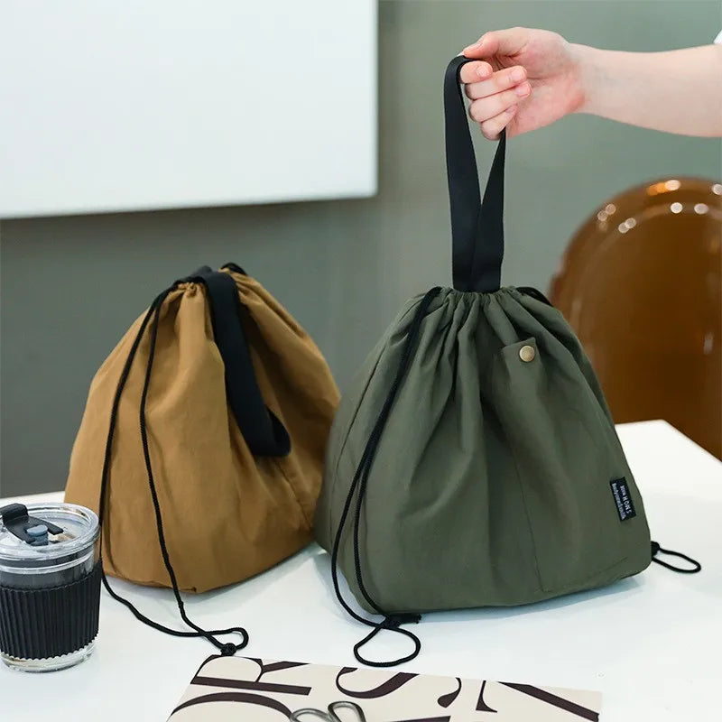Japanese Korean Lunch Bag Cotton Canvas Large Solid Color Drawstring Portable Thermal Insulated Picnic Storage Bento Box Bag