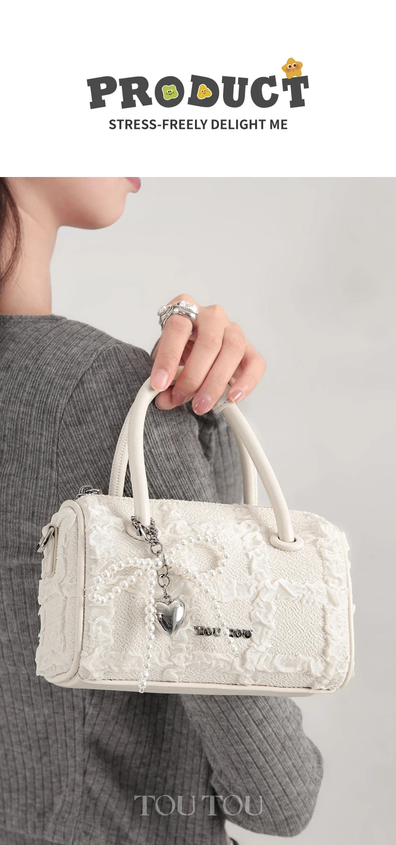 TOUTOU Women Boston Bowling Bag Charm Original Designer Brand White Handbag Adjustable Shoulder Strap Teacher Christmas Gift