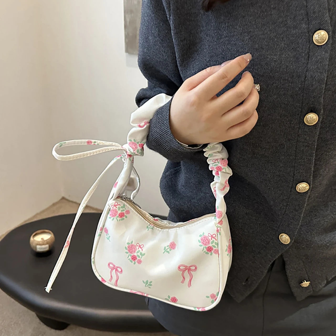 New Korean Girl Handbags Cute Flower Bow Print Crossbody Bags Canvas Shoulder Bags Outdoor Travel Women Keys Phone Messenger Bag