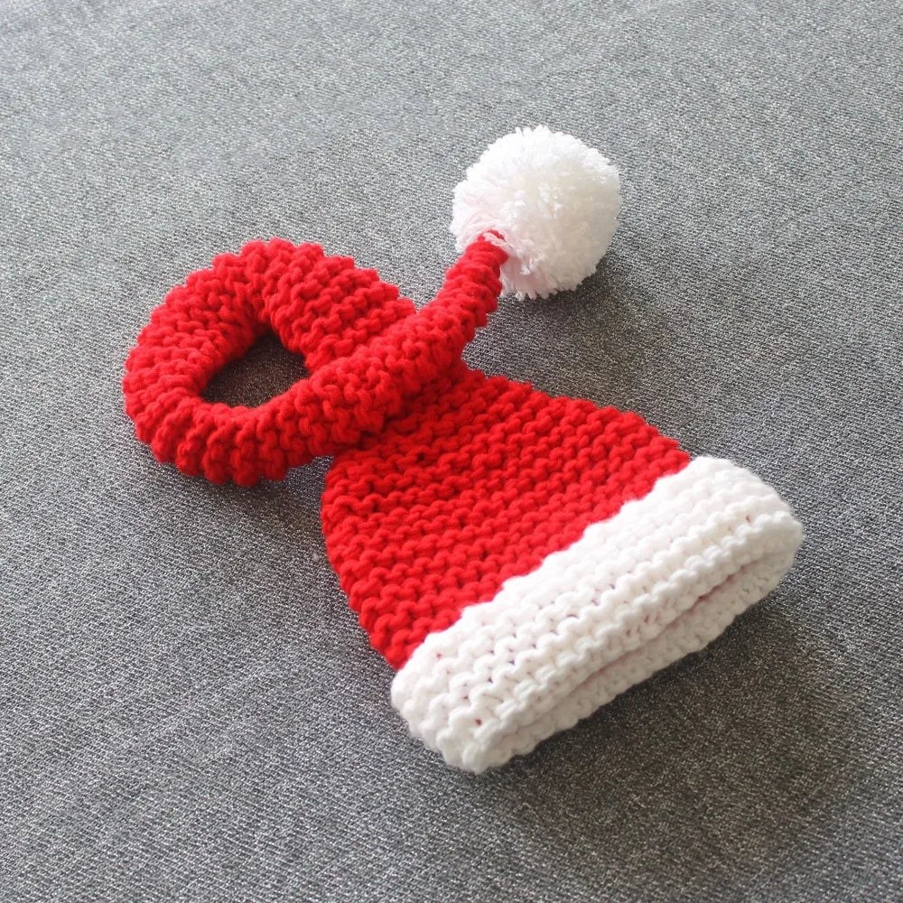 Christmas Theme Newborn Photography Props Soft Knitted Red Long Tail Fur Ball Christmas Hat Studio Baby Photoshoot Accessories