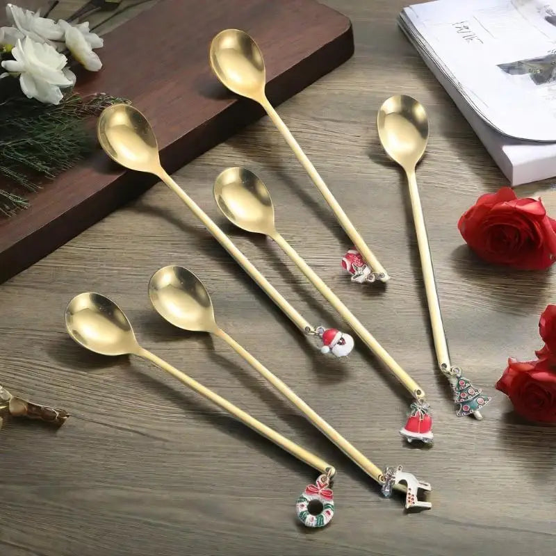 6PCS Christmas Spoons Coffee Cutlery Set Stainless Steel Cutlery Set Dessert Spoon Forks Christmas Gifts Elk Christmas Decoratio