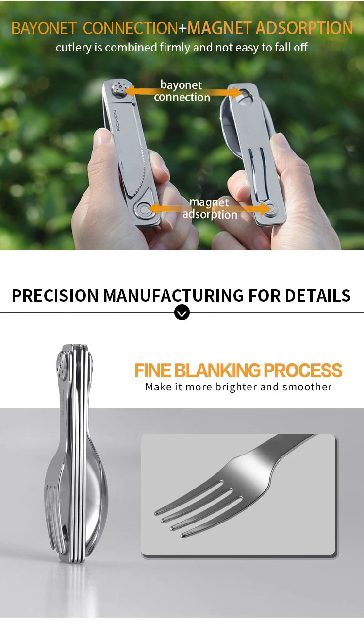 ROXON 3 IN 1 Camping Cutlery Set Knife Fork Spoon Stainless Steel Portable and Detachable