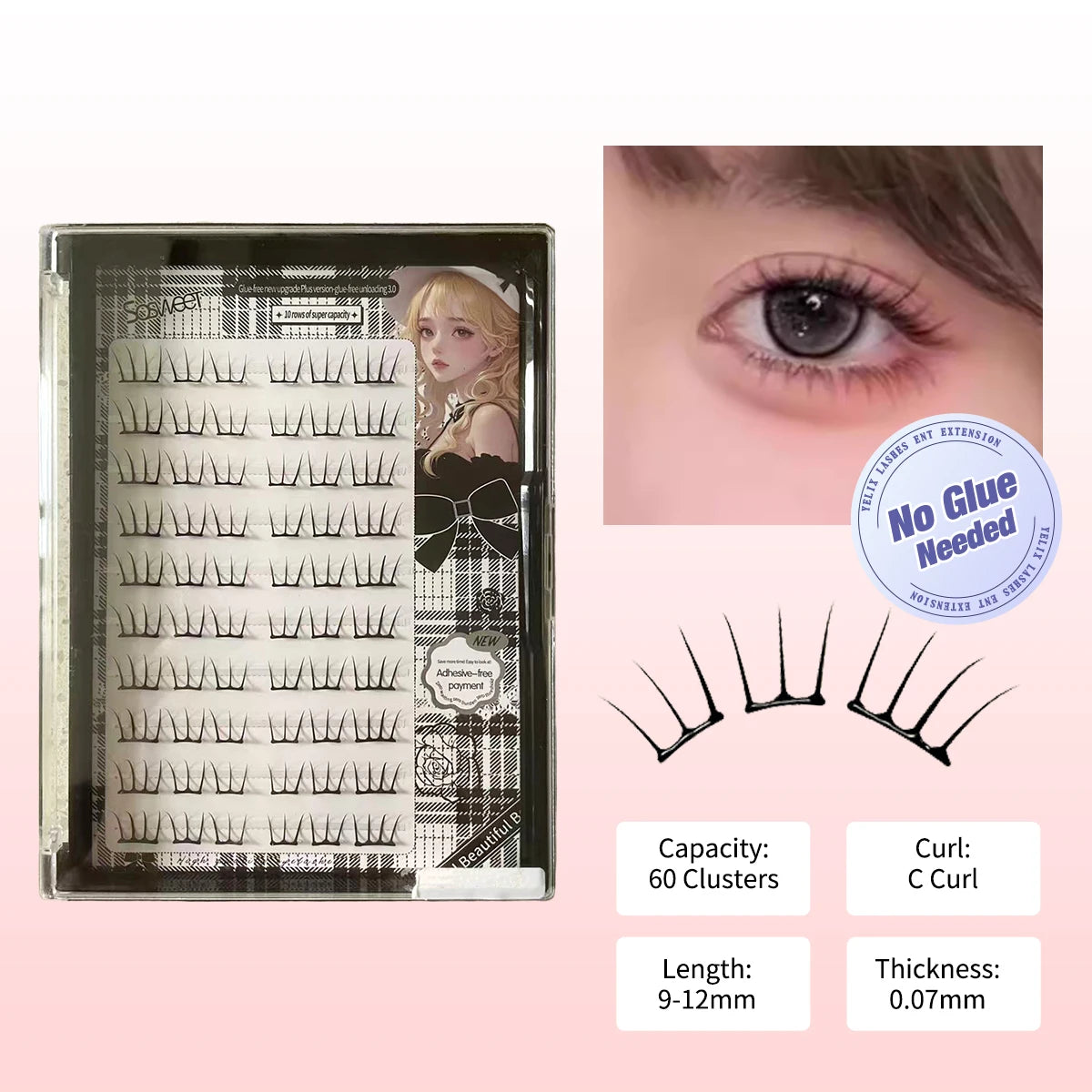 Glue-Free Featherlight Eyelash Strips Ultra Thin Invisible Lashes Easy Snap-On Clusters for Natural Everyday Look Whispy Soft