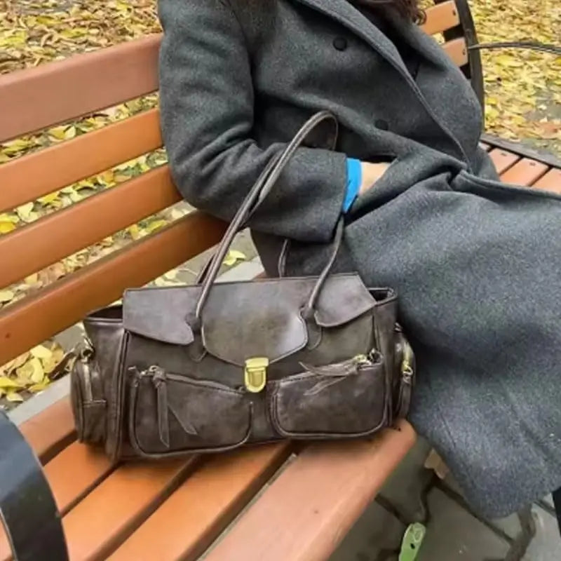 Y2K Style Large Bowling Bag Chic Boston Handbag Solid Color Motorcycle Crossbody Shoulder Bag Women's Vintage Underarm Bag