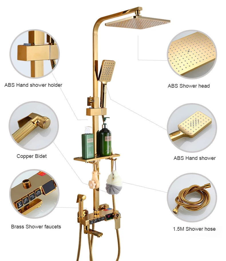 Thermostatic Digital Bathroom Shower Set Rainfall Shower Head Brass Bathroom Faucet Accessories Hot Cold Digital Shower System