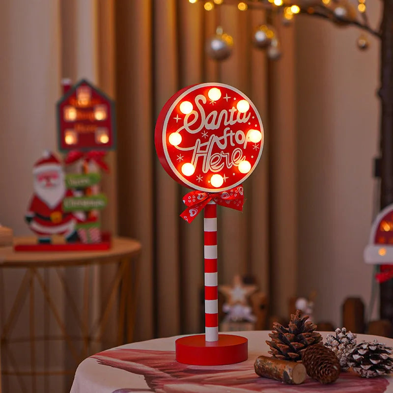 Christmas Retro Lamp LED Light Santa Stop Here Street Sign Xmas Wooden Desktop Home Decoration Navidad 2025 New Year Kids Gift