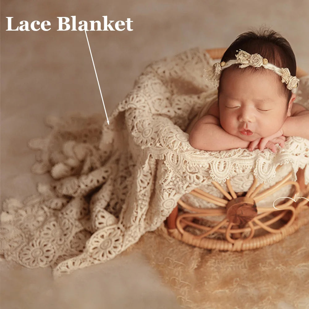 0-1 Month Baby Photography Props Baby Girl Bow Headband + Head Flower Infant Shoot Lace Background Mat Newborn Photo Accessories