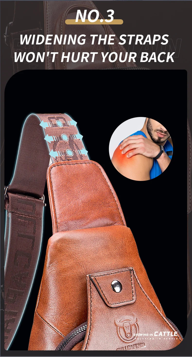 Bullcaptain Leather Large Capacity Chest Bag Men's Shoulder Bag with USB Port for Outdoor Casual Activities