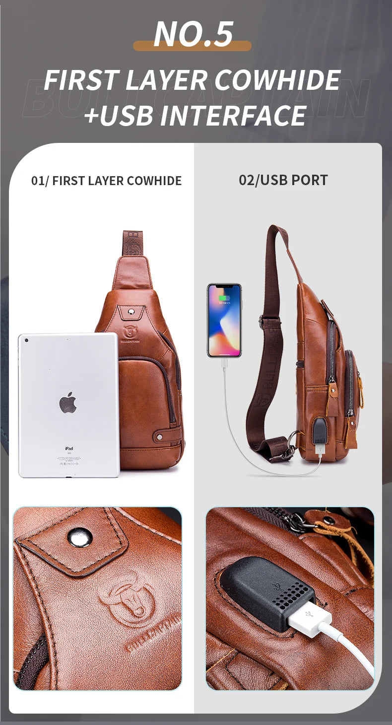 Bullcaptain Leather Large Capacity Chest Bag Men's Shoulder Bag with USB Port for Outdoor Casual Activities