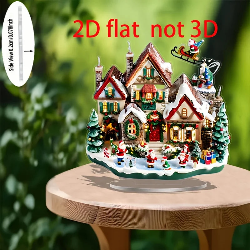 2D White Snow Scenery Christmas House Tree Acrylic Ornaments Base-Mounted Tabletop Home Office Attractive Festival Decor Gifts