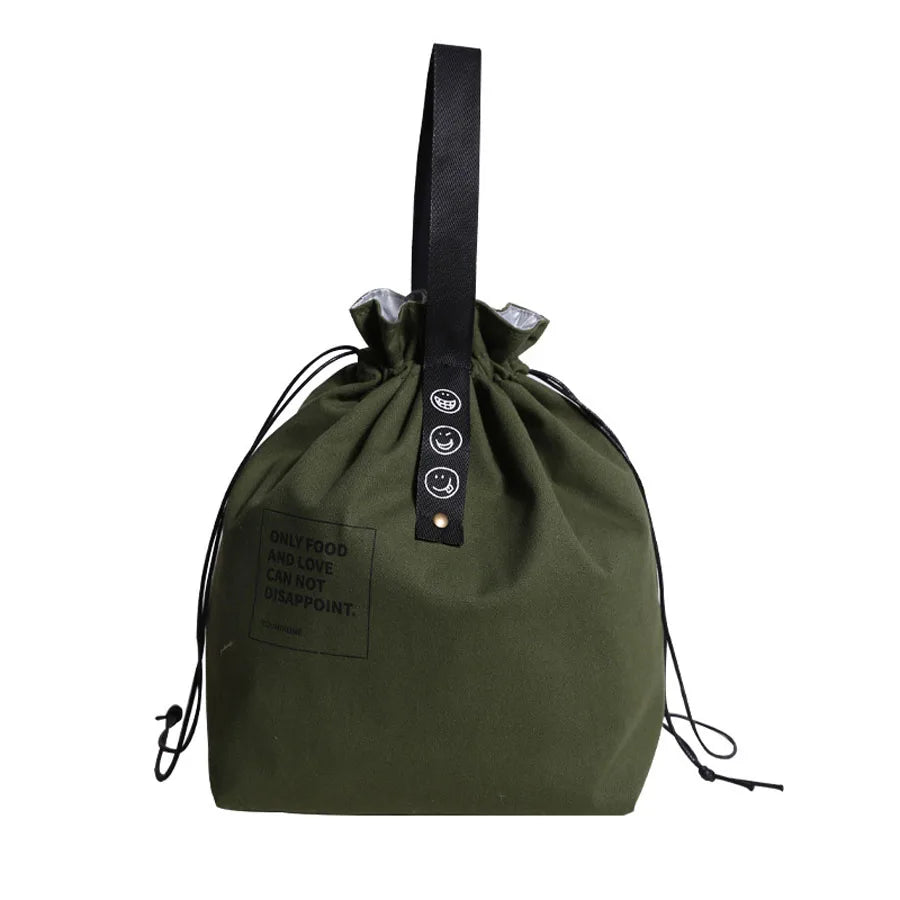 Portable Insulated Canvas Lunch Bag with Drawstring Closure Folding Bento Bag Cooler Tote Bag for Work School Picnic Camping
