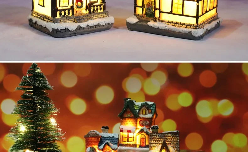 Christmas Decoration House LED Light Xmas Durable Ornaments Small Resin Mini House Miniature Village Building for Home Kids Gift