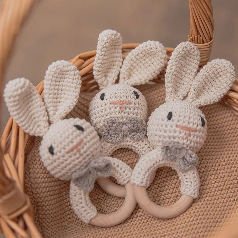 Let's Make Baby Rattles Crochet Bunny Rattle Toy Wood Ring Baby Teether Rodent Baby Gym Mobile Newborn Educational Rattles Toys