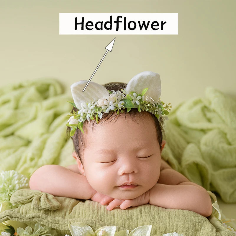 Green Theme Newborn Baby Photography Props Cute Bow Headflower Baby Posing Elastic Wrapping Cloth Background Blanket Accessories