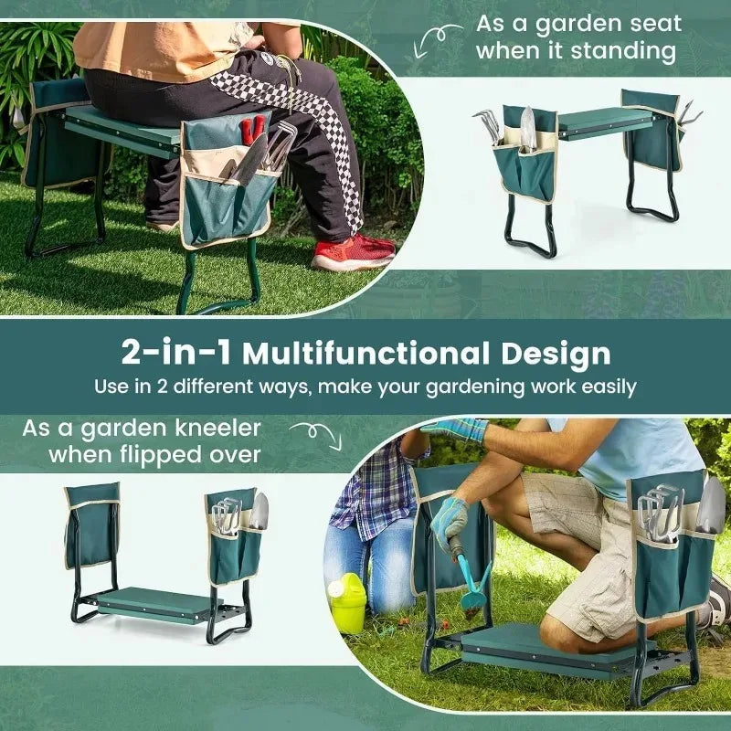 Garden Kneeler and Seat Foldable Kneeling Stool with Thicker Foam Pad Heavy Duty Bench with Tool Pouch Gifts for Fishing Green