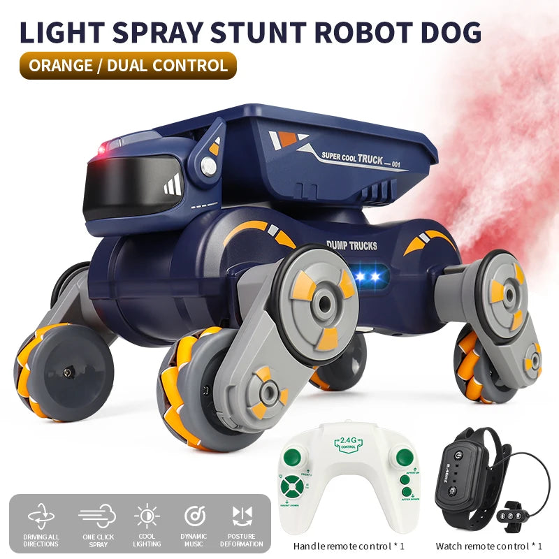 Rc Stunt Car 8-Wheel Mechanical Robot Dog with Lights Spray for Kids Remote Gesture Sensing Control Electronic Pet Toy Car