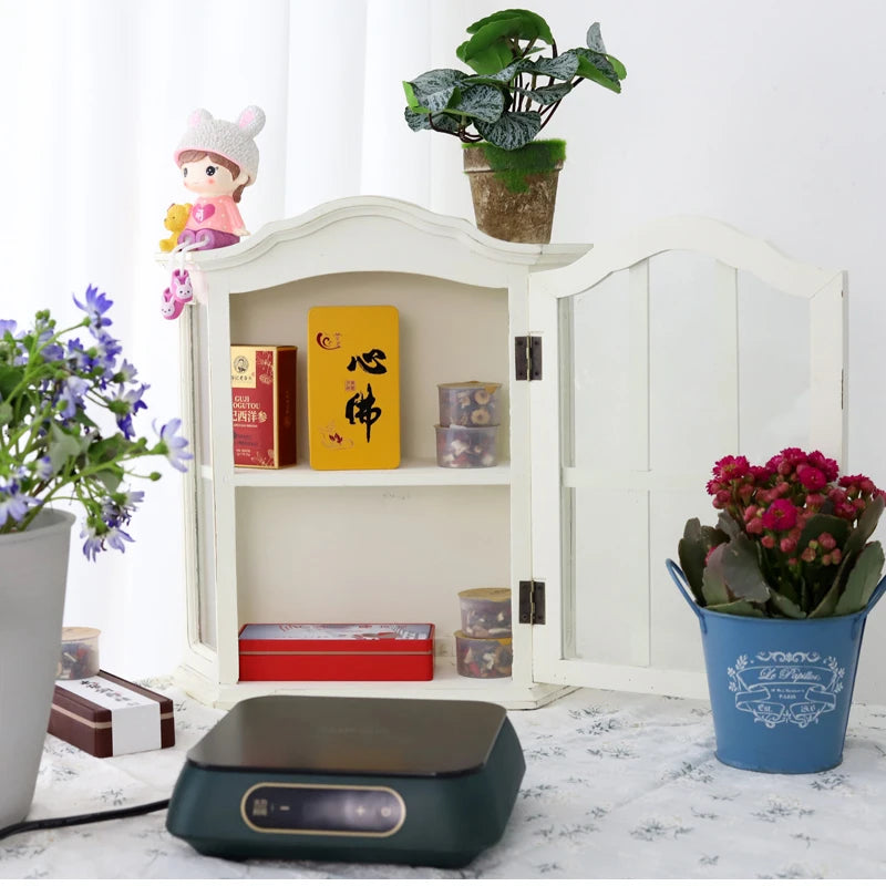 ‌Rustic Farmhouse Display Cabinet with Glass Doors Distressed White Solid Wood Storage Organizer for Kitchen/Office Vintage