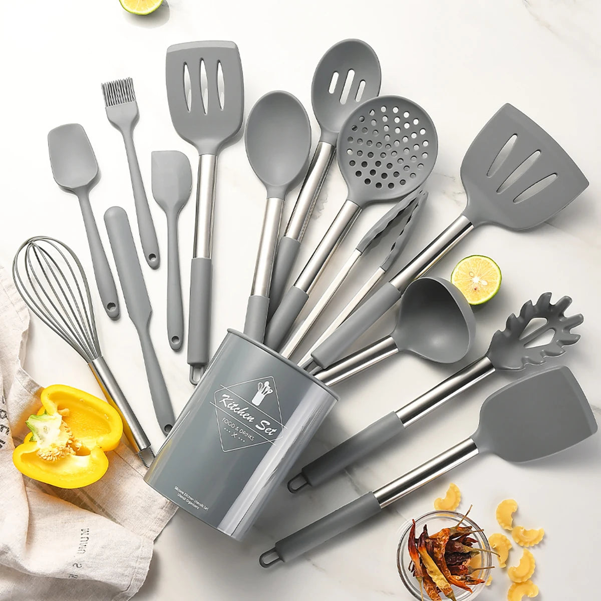 15pcs Silicone Kitchenware Set Stainless Steel Handle Cooking Utensils Spatula Spoon Food Clip Kitchen Tool with Storage Bucket