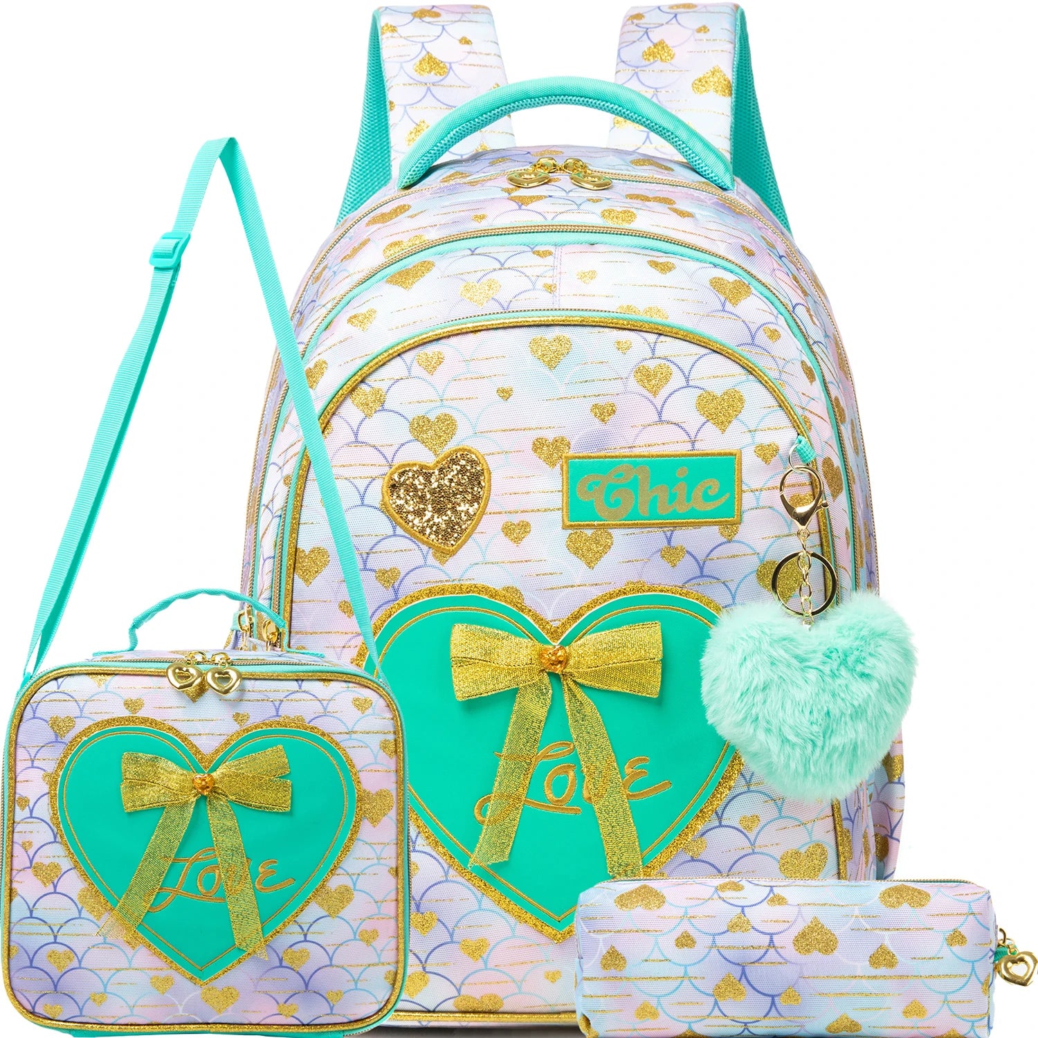 New Bowknot Ribbon Backpack Girls Backpack with Lunch Bag and Pen Bag for Elementary School for Picnic Travel Best Gift