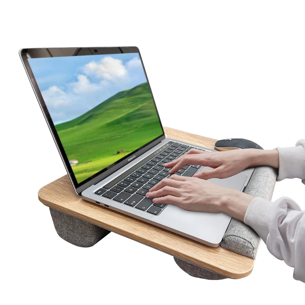 Mumucc Wooden Suspended Bed Study Table, Portable 15 Inch Laptop Desk With Handle, Sponge Cushion AND ABS Slot,Black,Khaki,Brown