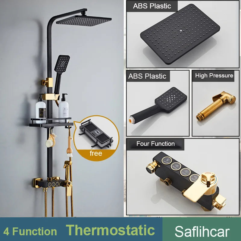 KEMAIDI Black Gold Shower Faucet Set Bathtub  4-way Mixer  Tap with Bidet and Shelf  Bathroom Rainfall Shower Systerm Wall Mount