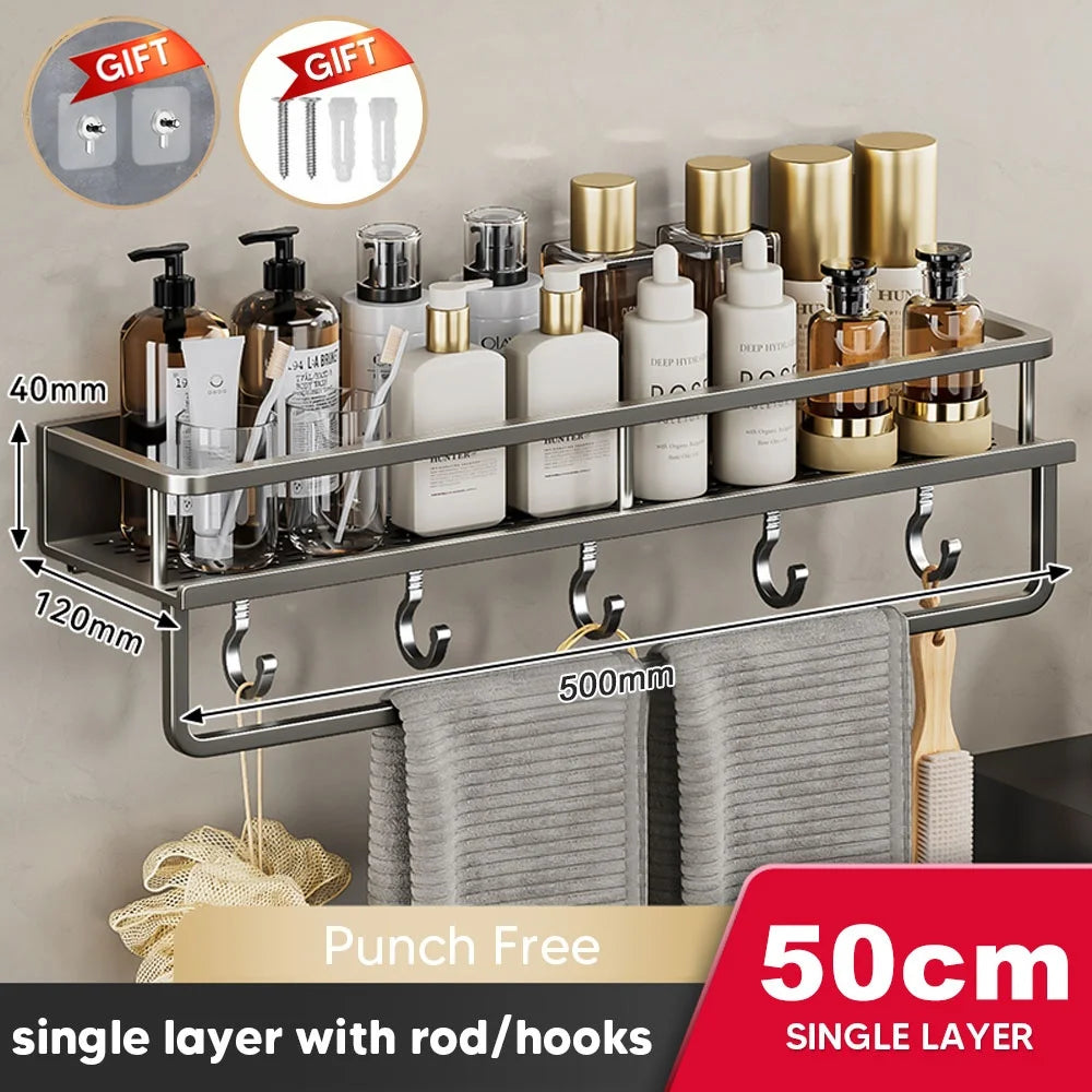 Aluminum Shower Organiser Bathroom Shelf Without Drilling Gray Wall Toilet Storage Shelf Shampoo Holder Bathroom Accessories