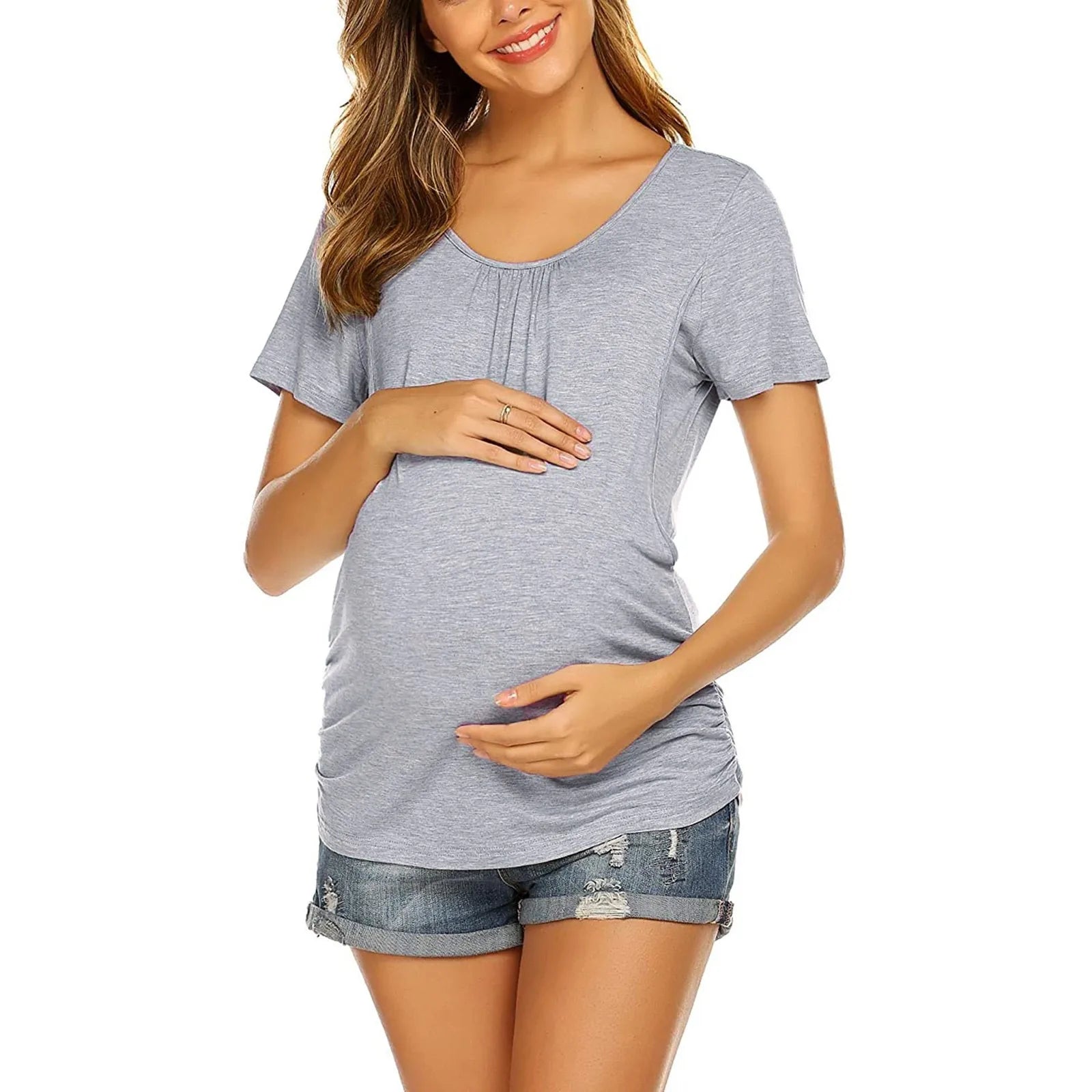 Womens Pregnant Maternity Clothes Nursing Tops Breastfeeding T-shirt Pregnancy Maternity Tops Tees Soild Colour Summer Shirt