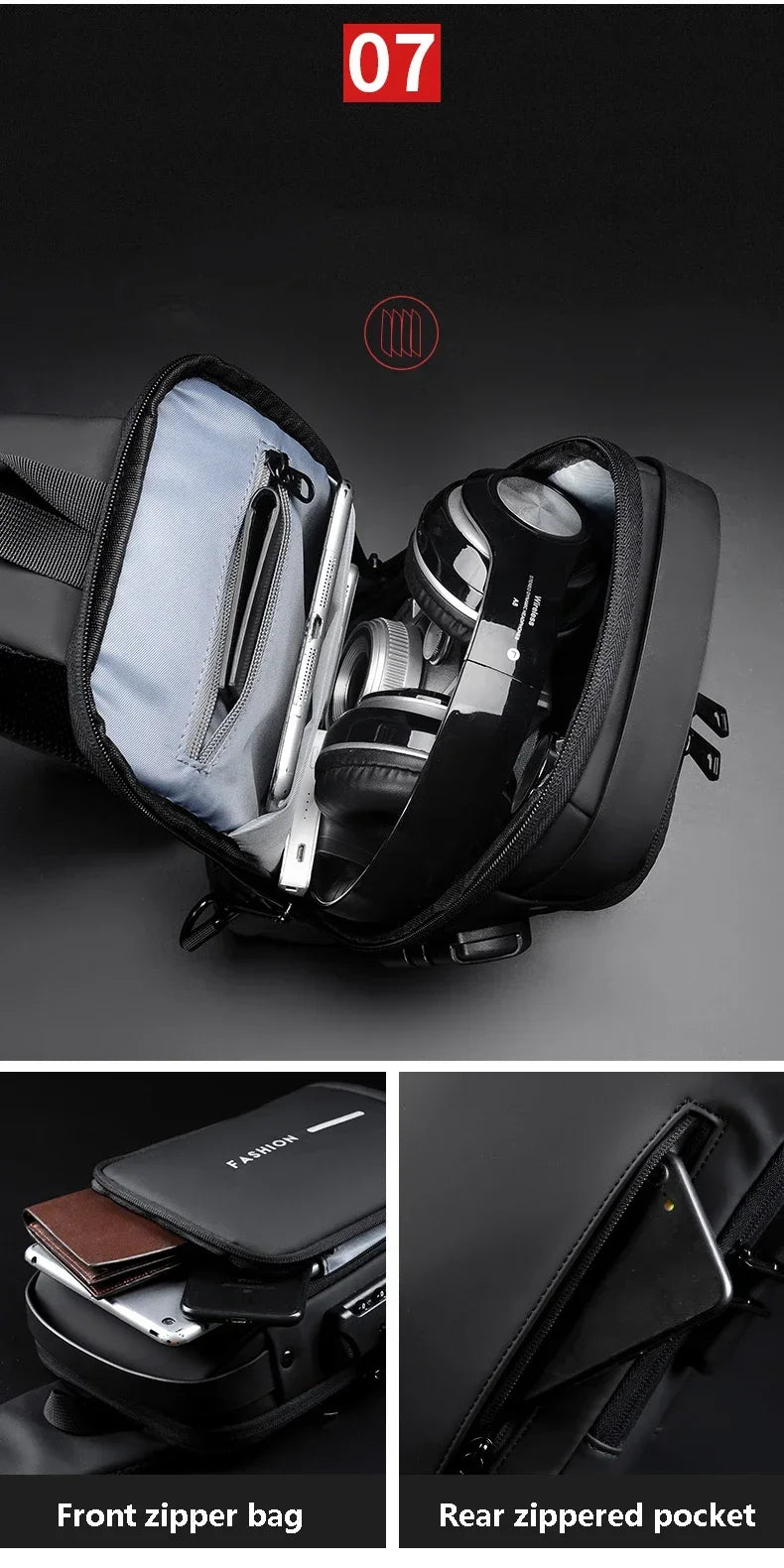 Men's anti-theft chest bag, multifunctional USB crossbody bag, travel sling bag, crossbody bag
