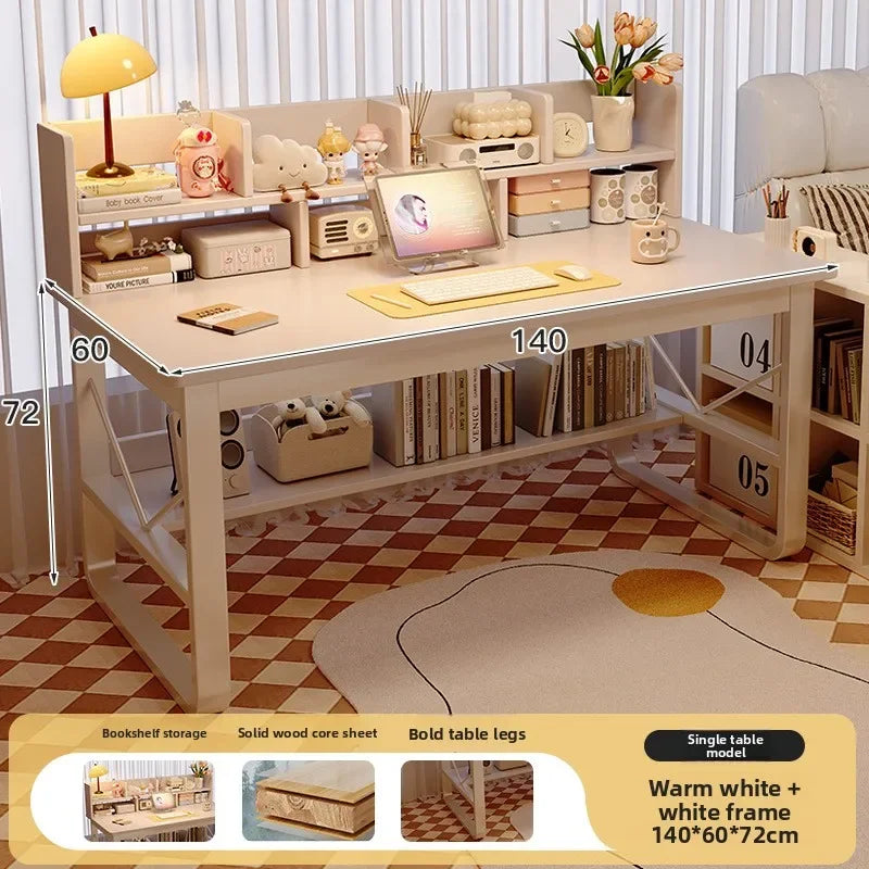 Solid Wood Computer Desk Household Desk Bookshelf Integrated Student Learning Desk Rental House Simple Office Table and Chair