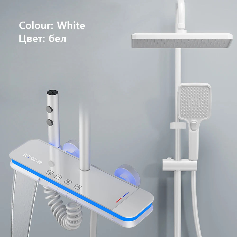 Bathroom Smart Shower System Set Temperature Digital Display LED Bathtub Rainfall Mixer Brass Shower Faucet Full Set with Lights