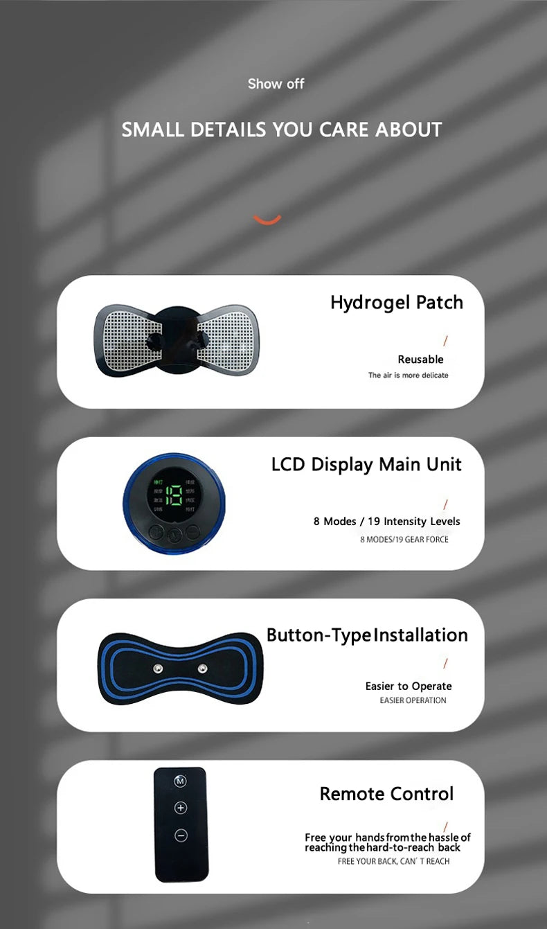 Portable Mini Massage Pad Muscle Pain Relief Micro Current Relieve Fatigue Rechargeable 8 Modes 19 Levels Slim Gel Massage Pad