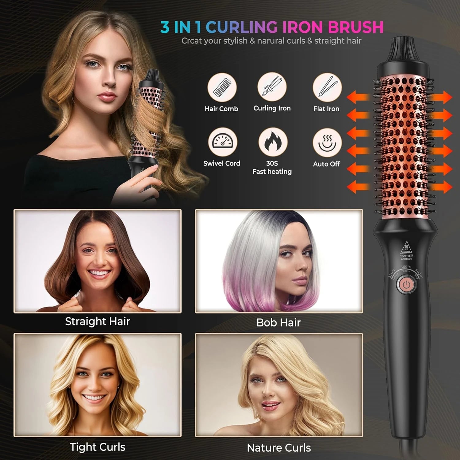 Voluminous Thermal Brush for Curling Hair, 1.25 Inch Ceramic Tourmaline Ionic Heated Curling Iron Comb with LCD Display, Adjusta