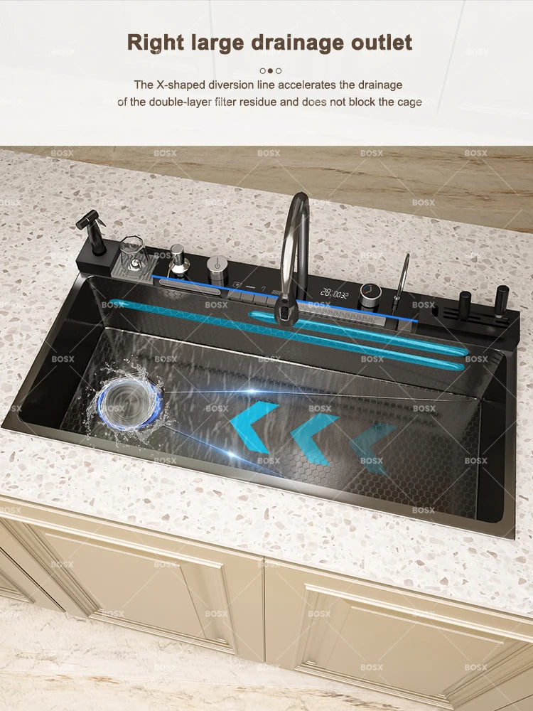 Kitchen Sink Stainless Steel Waterfall Sinks Extra Large Single Slot with Digital Display Faucet Set For kitchen