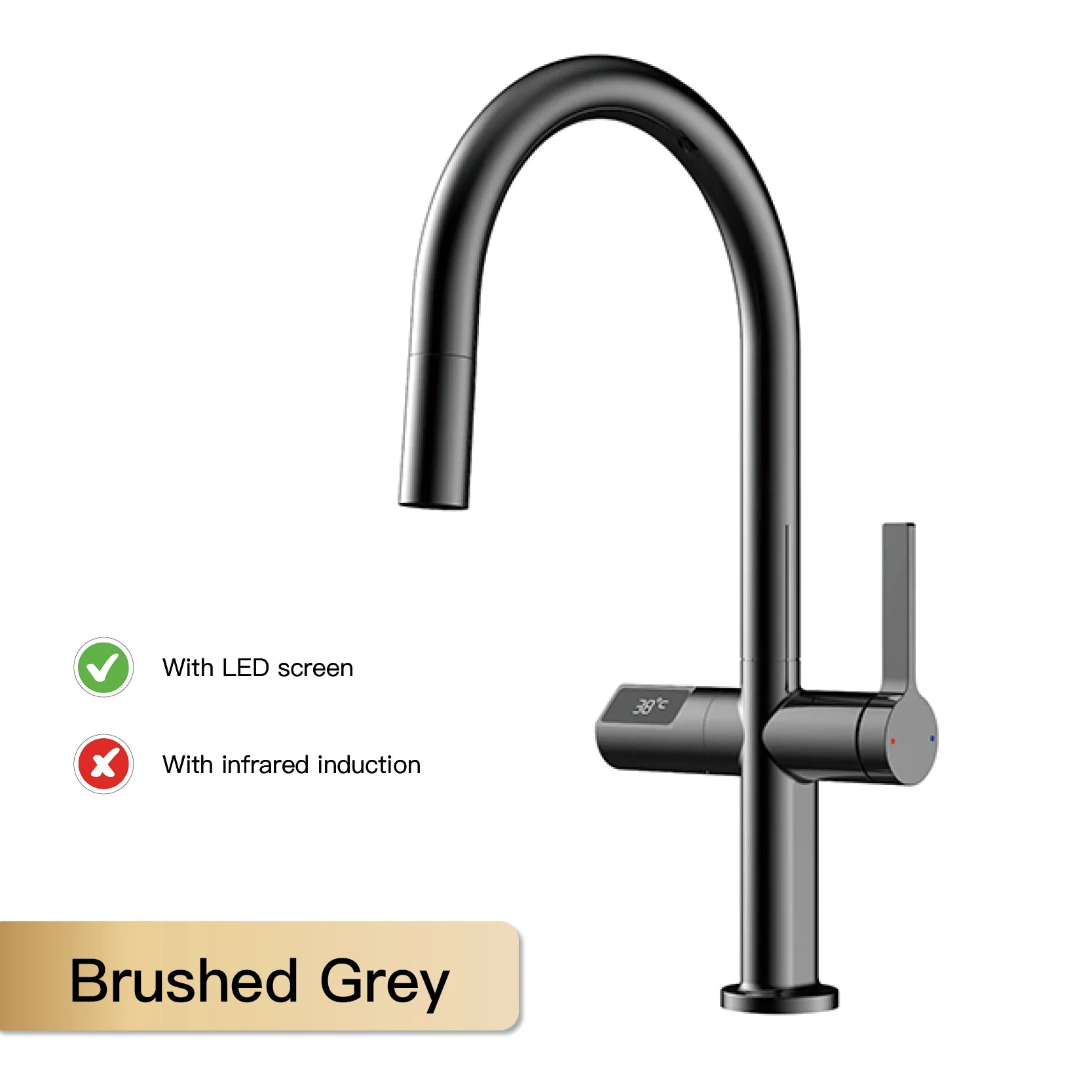 Luxury brass gun gray kitchen faucet LED digital sensing design single handle hot & cold water pull-out type 2-function sink Tap