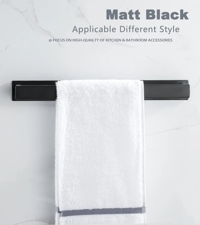 Black Stainless Steel Towel Holder No Drill Wall Shower Towel Shelf Kithchen Towel Hanger Rail Bathroom Towel Rack Self Adhesive
