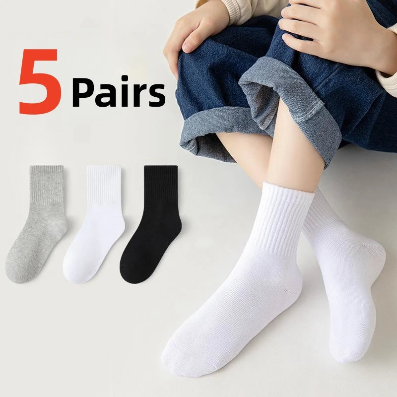 Horetong 5 Pairs Pure Cotton Soft Student Socks Breathable Absorbing Sweat Sport Socks Boys Girls Middle Tube Sock For 3-13 Year