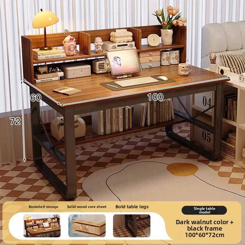 Solid Wood Computer Desk Household Desk Bookshelf Integrated Student Learning Desk Rental House Simple Office Table and Chair