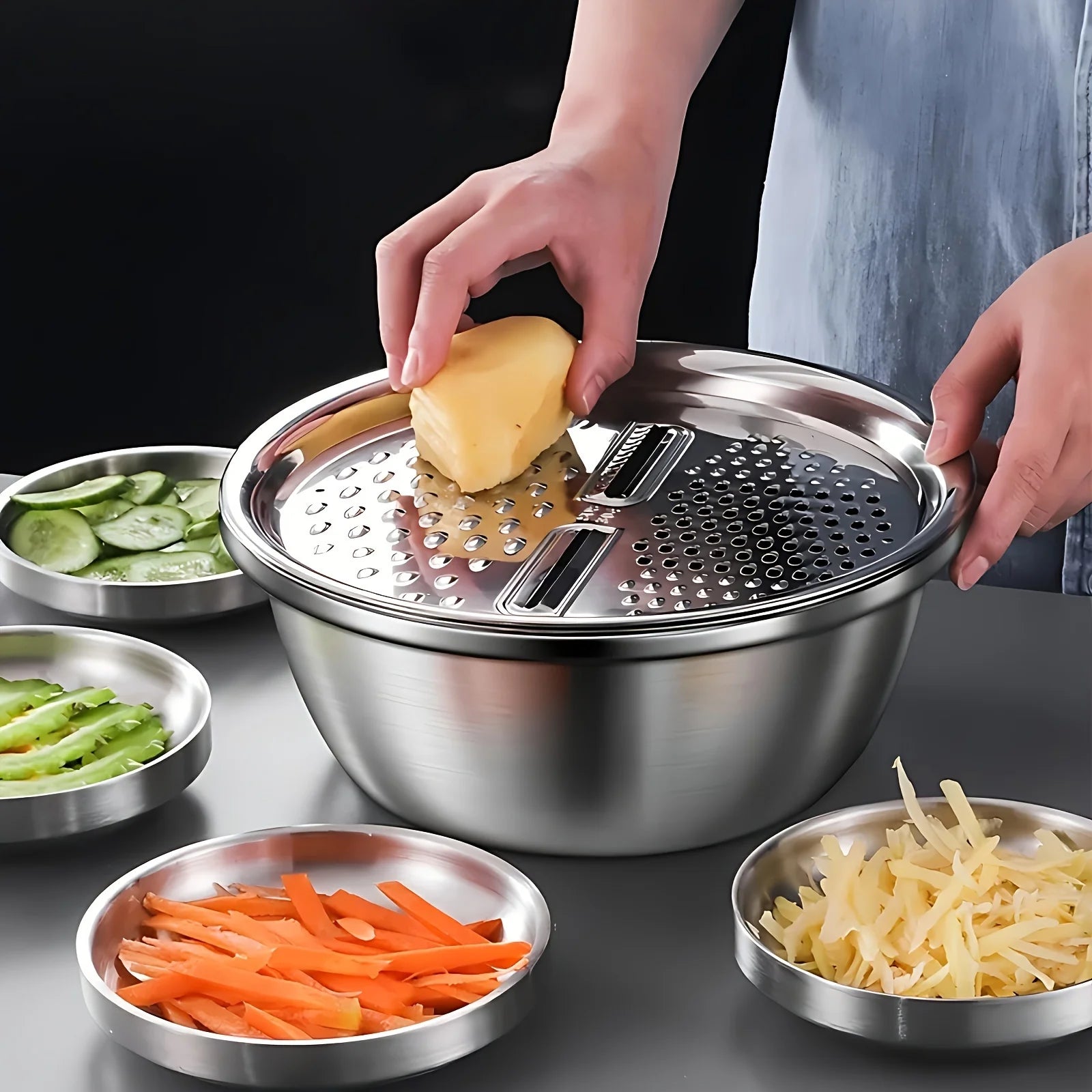 3pcs Stainless Steel Kitchen Set with Grinder Filter Bowl for Slicing Fruits Vegetables Cheese uses for kitchen tools