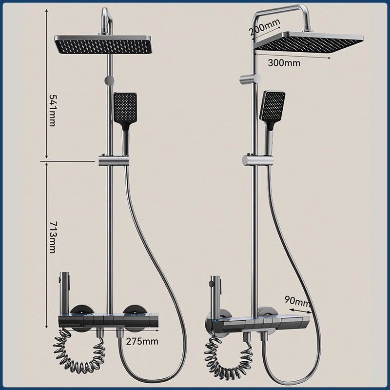 Grey Intelligent Digital Shower System Wall Mounted Bathroom Shower Faucet Set Temperature Display Rainfall Bathroom Shower Set